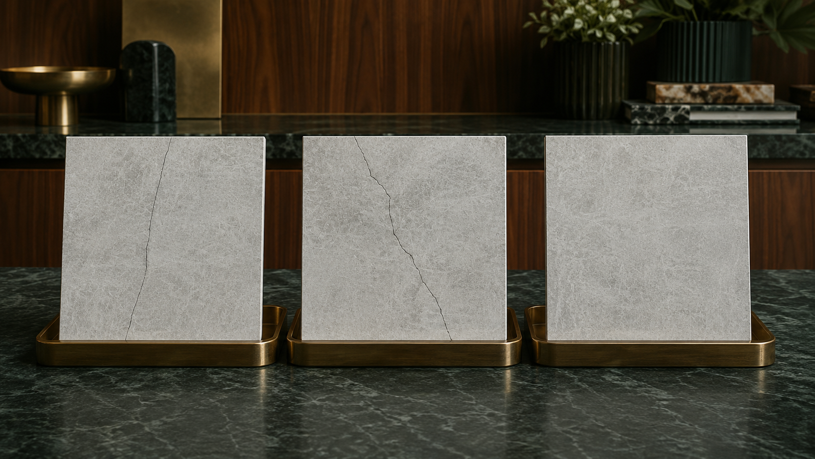 Porcelain tile samples showing hairline, spreading and undamaged grout lines.