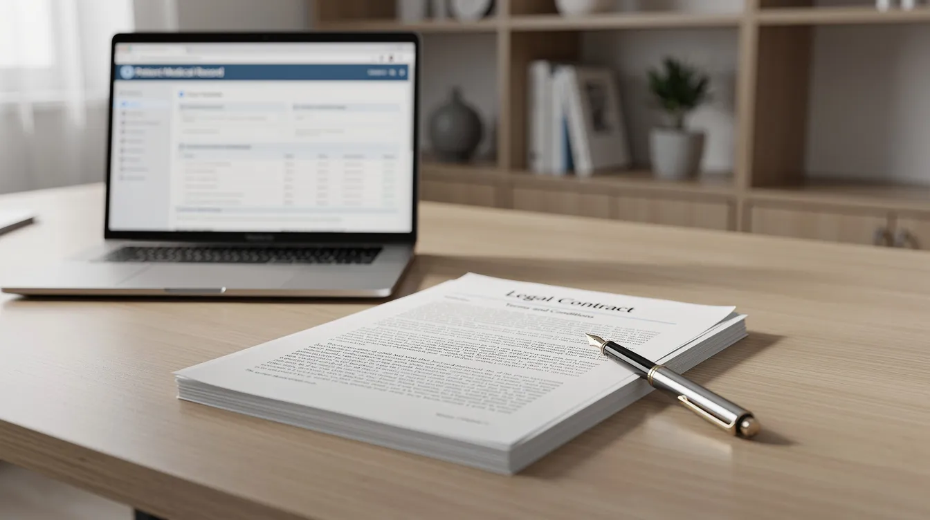 The image depicts a desk cluttered with legal documents, a pen, and a laptop displaying medical records, suggesting a focus on nursing home abuse cases and the legal process surrounding elder abuse and neglect. This setting is indicative of the work done by nursing home abuse lawyers to help victims and their families seek justice and compensation.