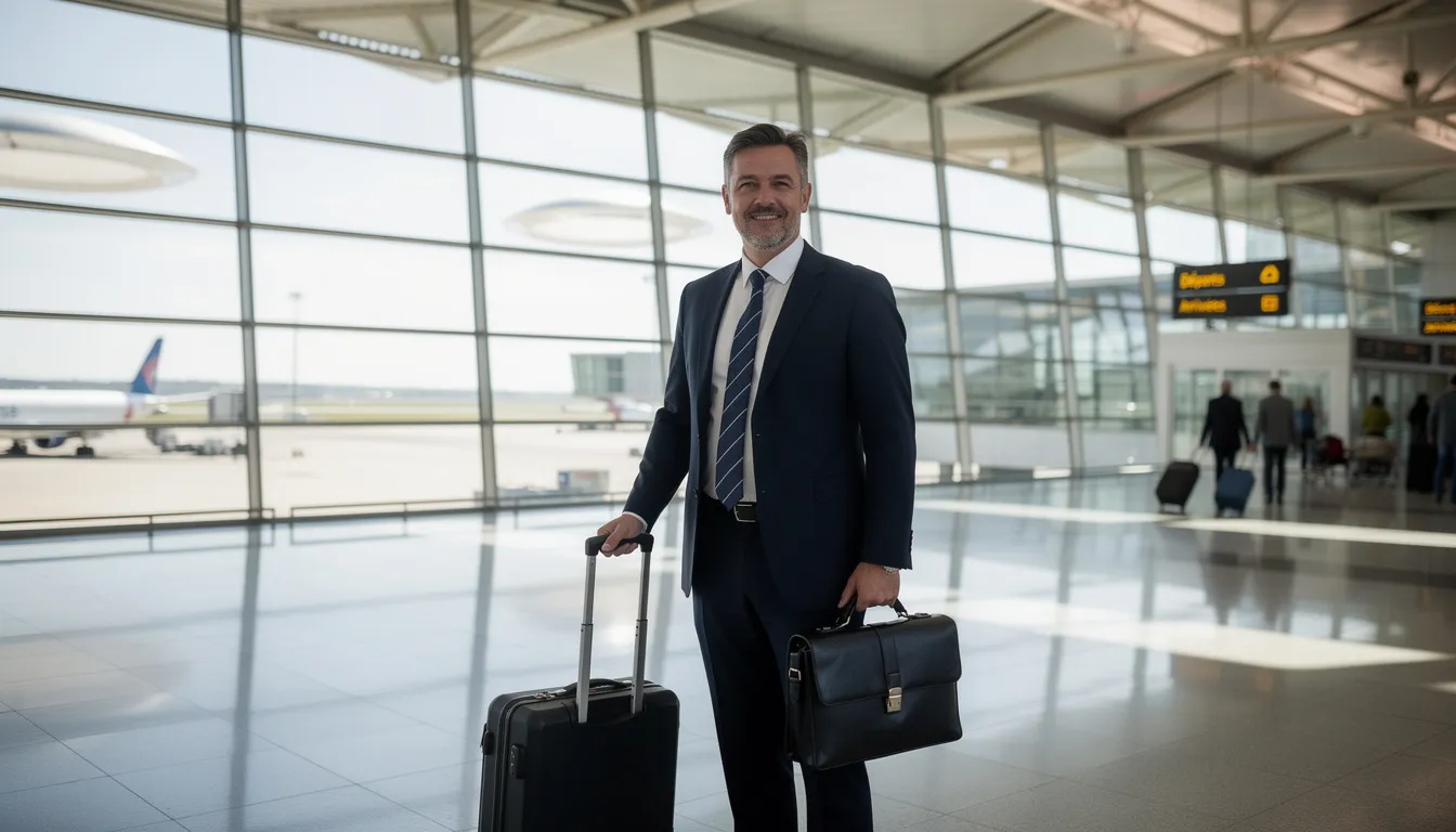 Un homme d'affaires, vêtu d'un costume élégant, se tient dans un aéroport international moderne, tenant une valise à roulettes. L'environnement évoque le luxe des Émirats arabes unis, tandis qu'il semble prêt pour un voyage d'affaires, potentiellement lié à la fiscalité à Dubaï ou aux opportunités d'expatriation.