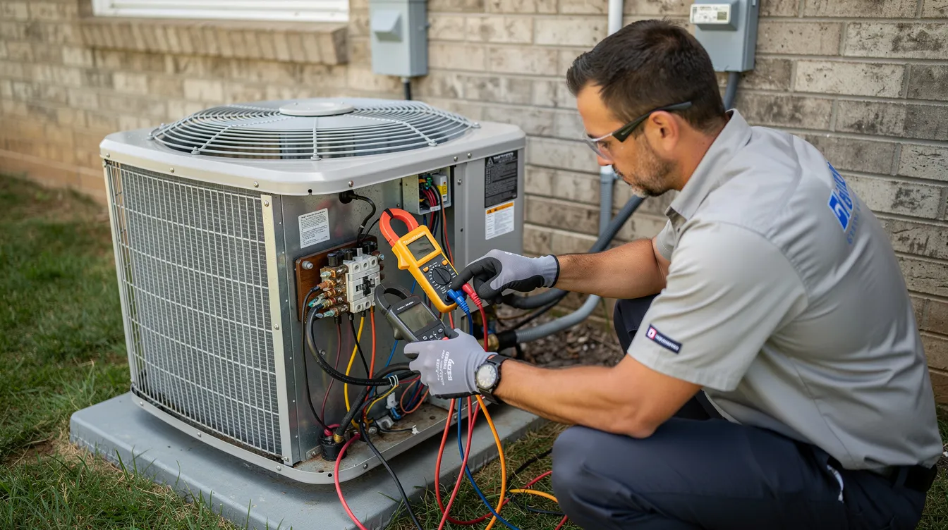 An HVAC technician is using diagnostic equipment to test the electrical components of an outdoor unit, ensuring the HVAC system functions properly. This maintenance task is essential for maintaining system efficiency and preventing costly repairs in air conditioning systems.
