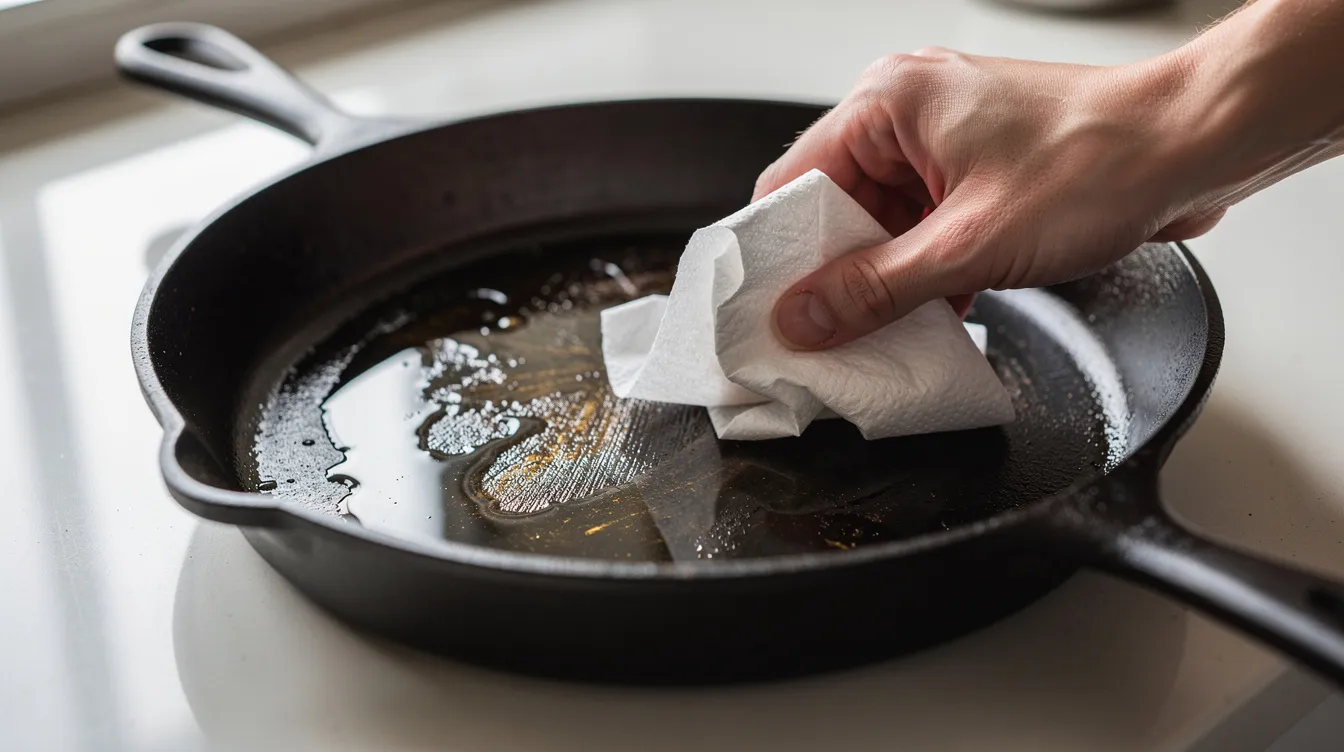 A cast iron skillet sits on a kitchen counter, with cooking grease being wiped away using a paper towel. The scene highlights the importance of proper grease disposal to prevent clogged drains in the plumbing system.