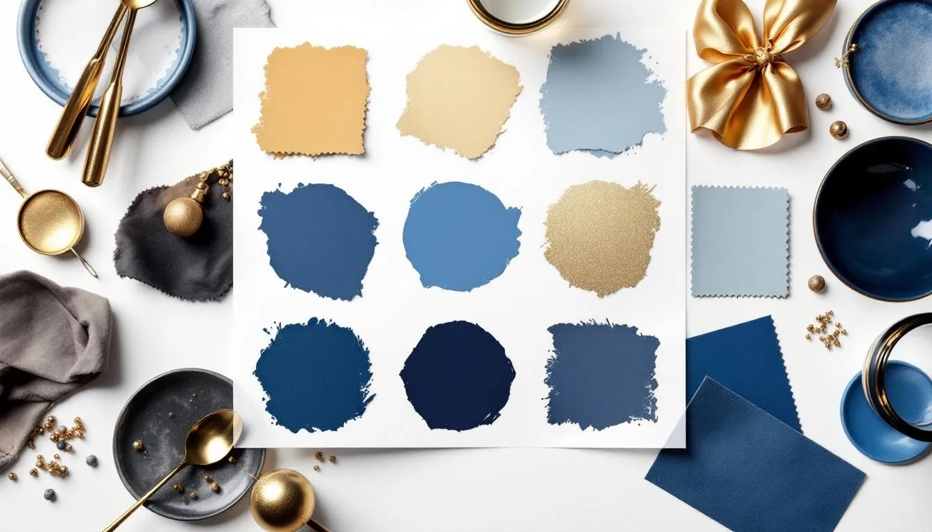 The image showcases a sophisticated hotel website color palette featuring elegant shades of blue and gold, symbolizing luxury brand positioning. This design aims to attract travelers looking for high-end accommodations and deals in popular destinations.