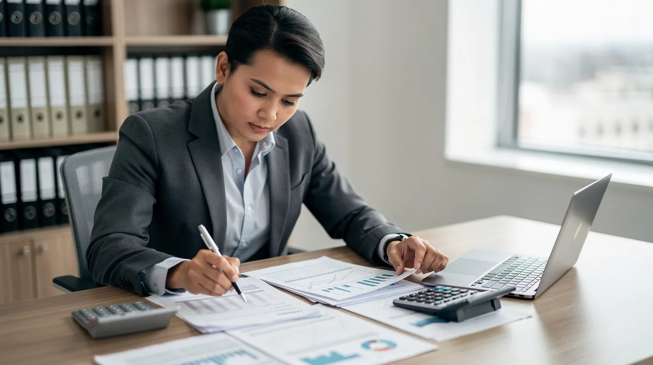 2cf5025c f26a 498d a381 ab3b4ed9def2 A bank officer is seated at a desk, meticulously reviewing financial documents, including bank statements and a project report, with a calculator positioned nearby. This scene reflects the critical assessment process for a mudra loan application, emphasizing the importance of accurate financial projections and repayment capacity for small businesses.