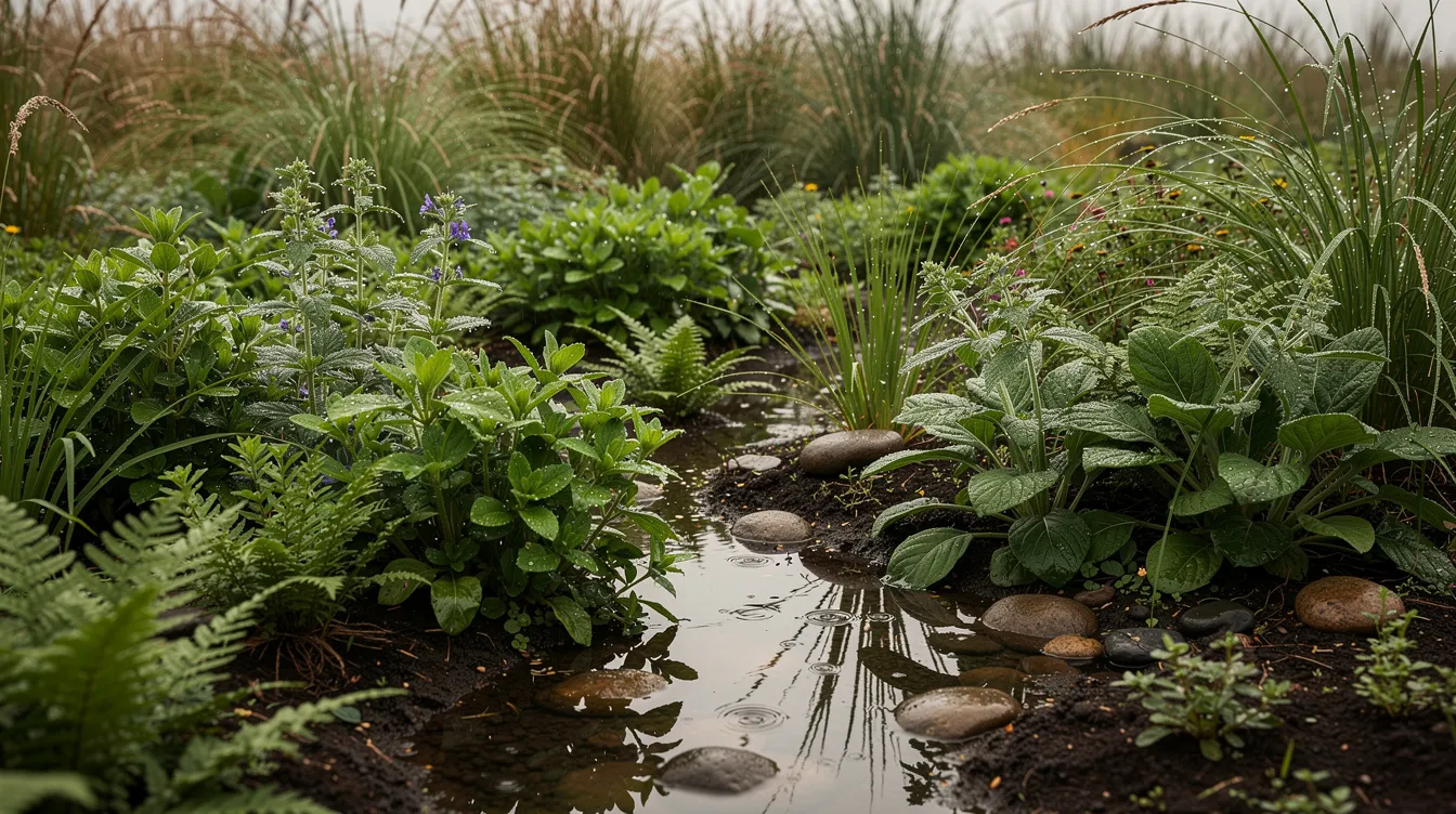 L'image montre un jardin de pluie luxuriant, où l'eau stagnante s'accumule entre des plantes vertes et des graminées, illustrant une gestion efficace des eaux pluviales. Ce type de jardin contribue à l'infiltration des eaux et à la prévention des inondations.