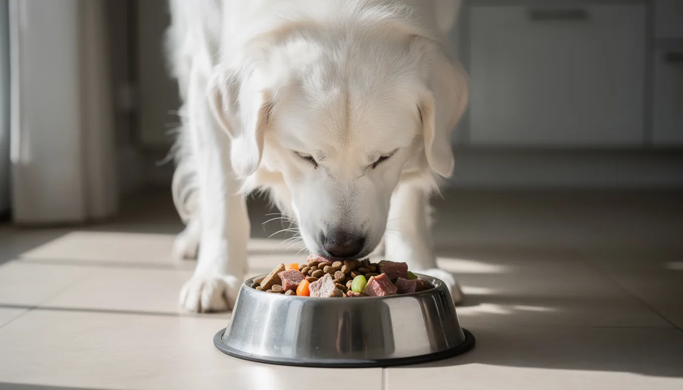 A Kuvasz dog with a thick white coat is happily eating high-quality dog food from a stainless steel bowl, showcasing its large size and strong, intelligent demeanor. This healthy breed, known for its excellent guarding instincts, enjoys a nutritious meal in a cozy home environment.