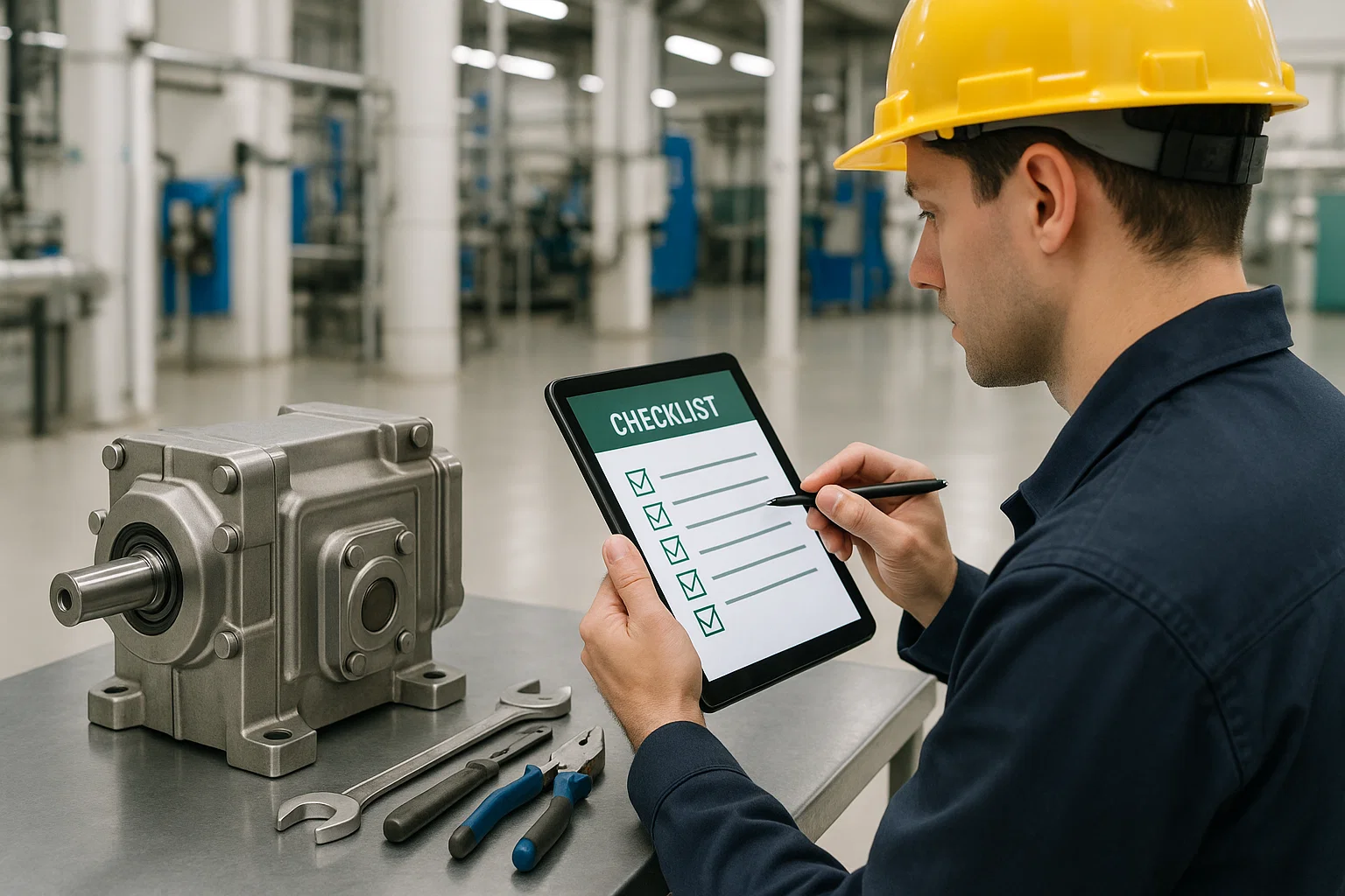 “Engineer carrying out preventive maintenance on manufacturing equipment”