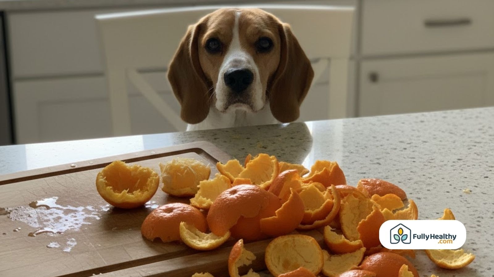 Beagle staring at table covered in scattered orange peels