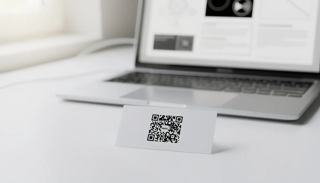 A close-up view of a QR code being integrated into a customizable business card template, showcasing how to enhance brand image and leave a lasting impression on clients. The design features brand colors and graphics that reflect a professional style, making it easy to create a unique calling card.