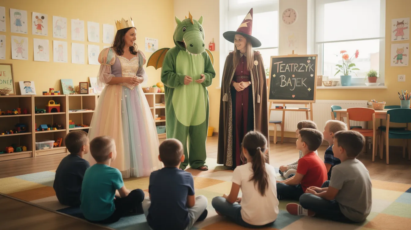 W kolorowych kostiumach nauczyciele przedstawiają bajkę dzieciom, angażując je w zabawy ruchowe z okazji świętowania dnia dziecka. W tle widać uśmiechnięte maluchy, które z radością uczestniczą w wspólnej zabawie, rozwijając swoją wyobraźnię.