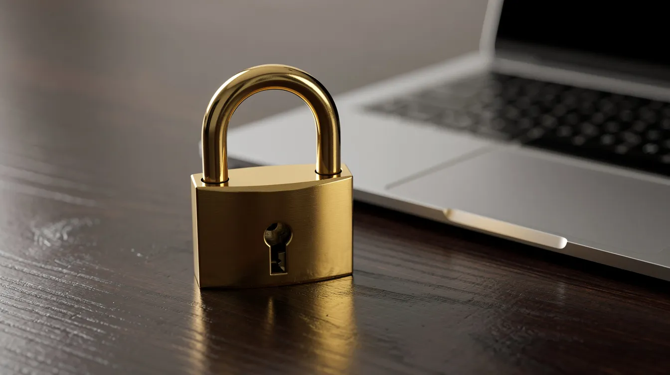 A close-up image features a shiny gold padlock resting on a dark wooden desk beside a sleek laptop, symbolizing security and protection, which is essential in online gambling. This visual could relate to the importance of responsible gambling tools and the safety measures offered by non Gamstop casinos.