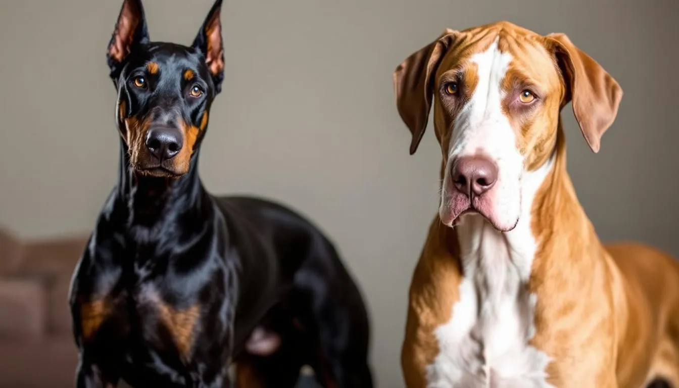 The image features various large breed dogs, including Doberman Pinschers and Great Danes, which are known to be prone to dilated cardiomyopathy (DCM). These breeds are highlighted due to their genetic predisposition to heart disease, specifically conditions like congestive heart failure and abnormal heart rhythms, emphasizing the importance of veterinary medicine in monitoring their cardiac health.