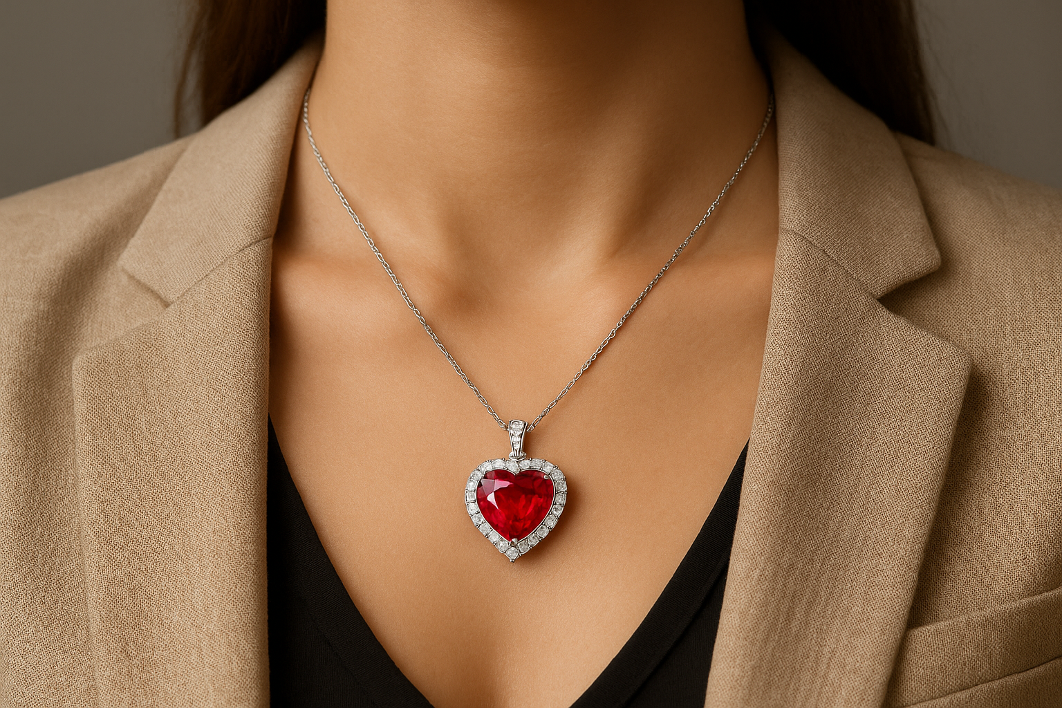 stilingos moters kaklas su sirdies formos halo pakabuku, kuriame centrinis Pigeon Blood rubinas apsuptas švytinčių deimantų