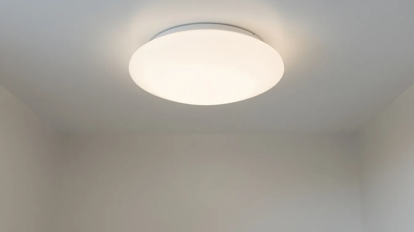 En platt bollplafond i opalglas är monterad nära ett vitt tak i ett litet rum, vilket ger en modern och stilren belysning. Lampan sprider ljuset jämnt och skapar en trivsam atmosfär i rummet.
