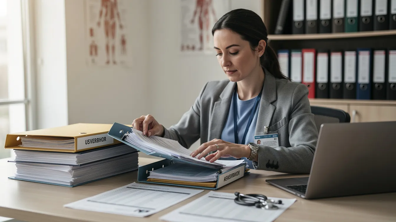 The image shows a person meticulously organizing medical documents and folders on a desk, which may include medical records related to medical malpractice claims. This careful arrangement is essential for preparing a strong medical malpractice case and ensuring that all relevant information is accessible for legal consultation.