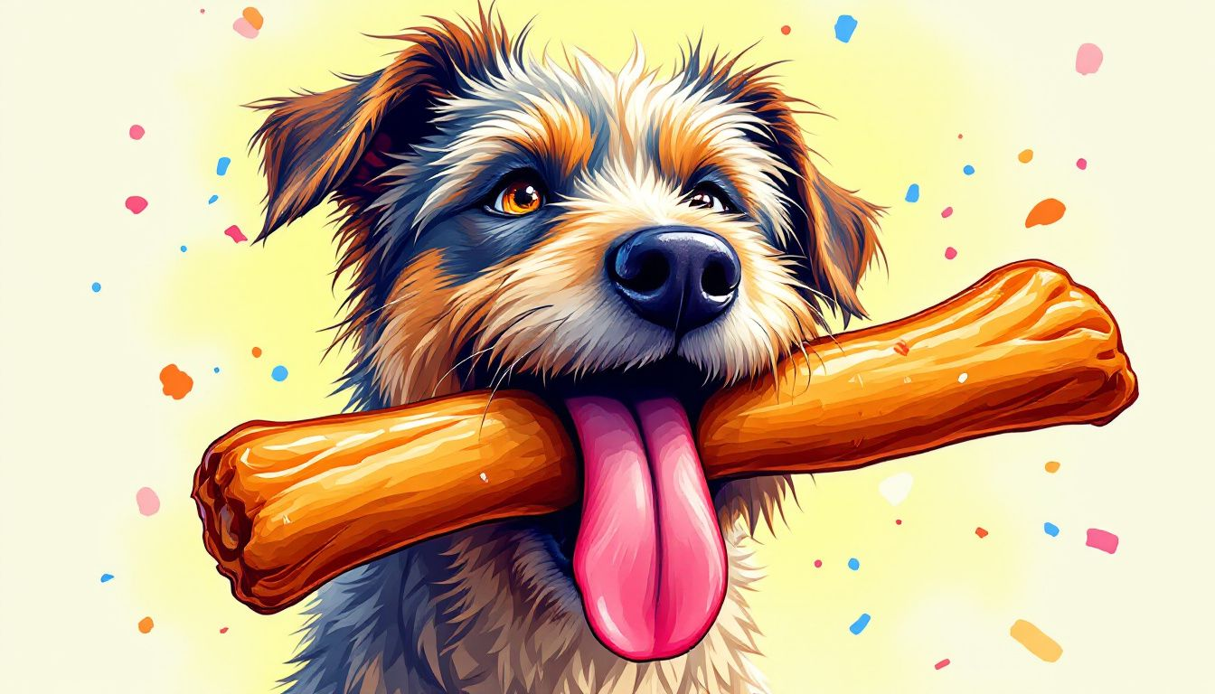 A close-up of a dog happily chewing on a bully stick.