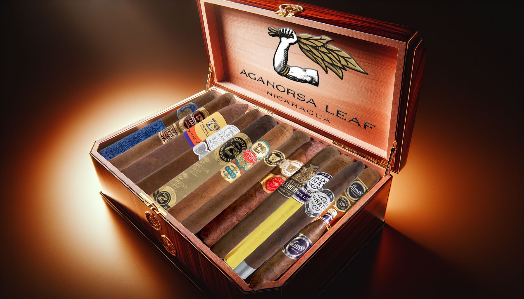 A selection of aganorsa leaf cigars displayed in a humidor.