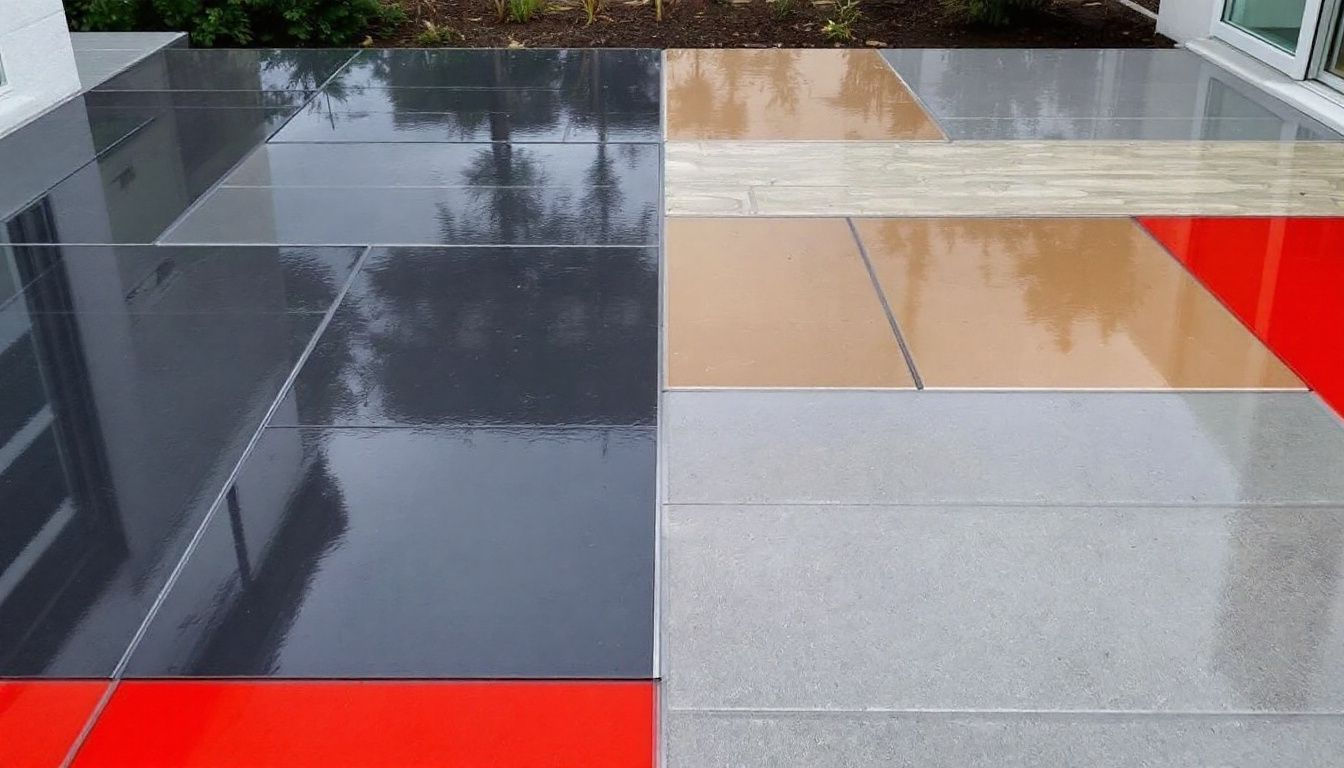 Different types of concrete sealers displayed on a concrete surface.