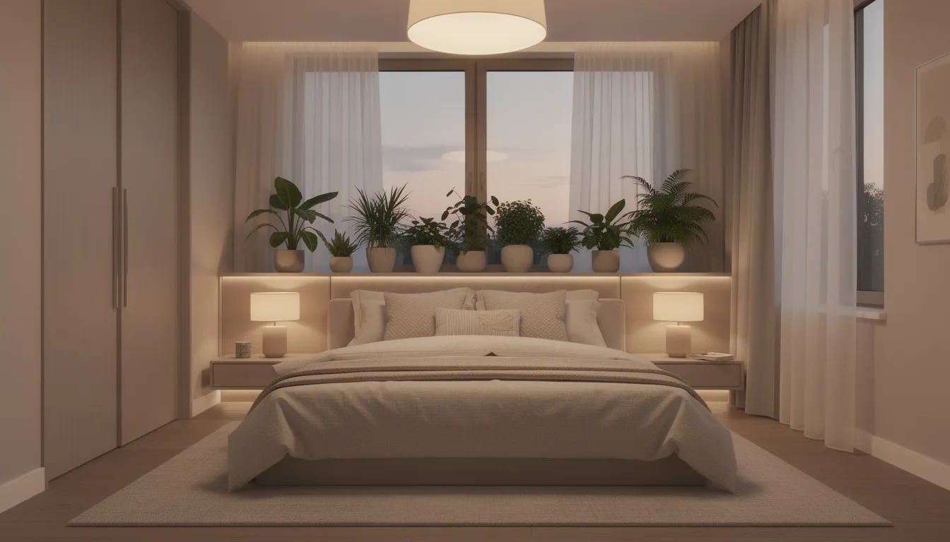 Een serene slaapkamer met goede tinten en een warme uitstraling, ingericht met laaghangende verlichting en planten op de vensterbank. De ruimte is praktisch ingedeeld met meubels, waardoor het een gezellige en persoonlijke slaapkamer is die uitnodigt tot een goede nachtrust.