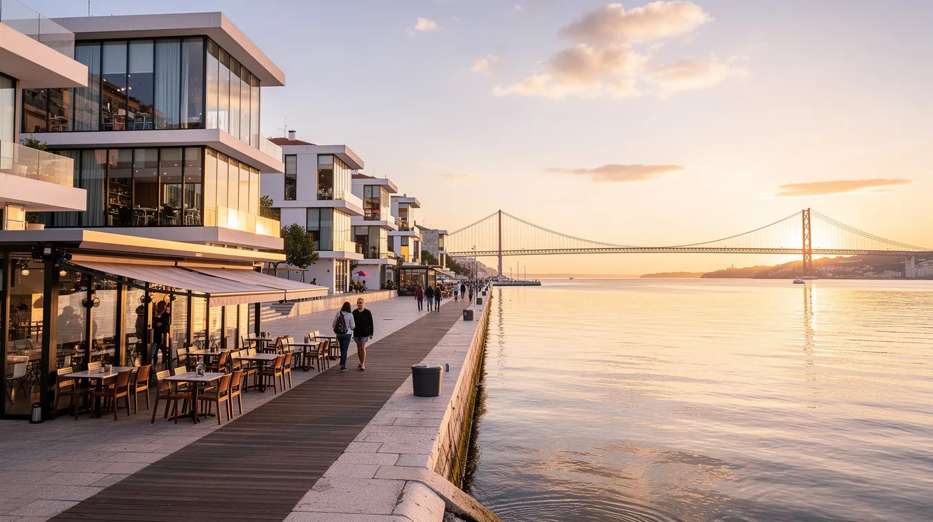 The image showcases a modern Lisbon waterfront featuring sleek contemporary architecture with a prominent bridge in the background, embodying the vibrant atmosphere of Portugal's capital. This scenic view highlights the city's blend of modernity and tradition, making it a perfect spot for enjoying the best banking services and online banking options offered by Portuguese banks.