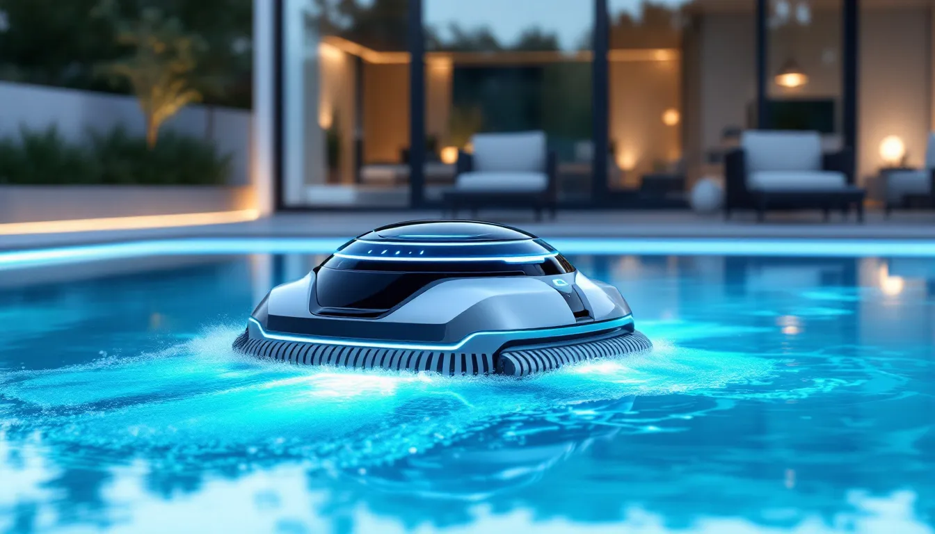 A comprehensive view of a robotic pool cleaner in action covering a pool.
