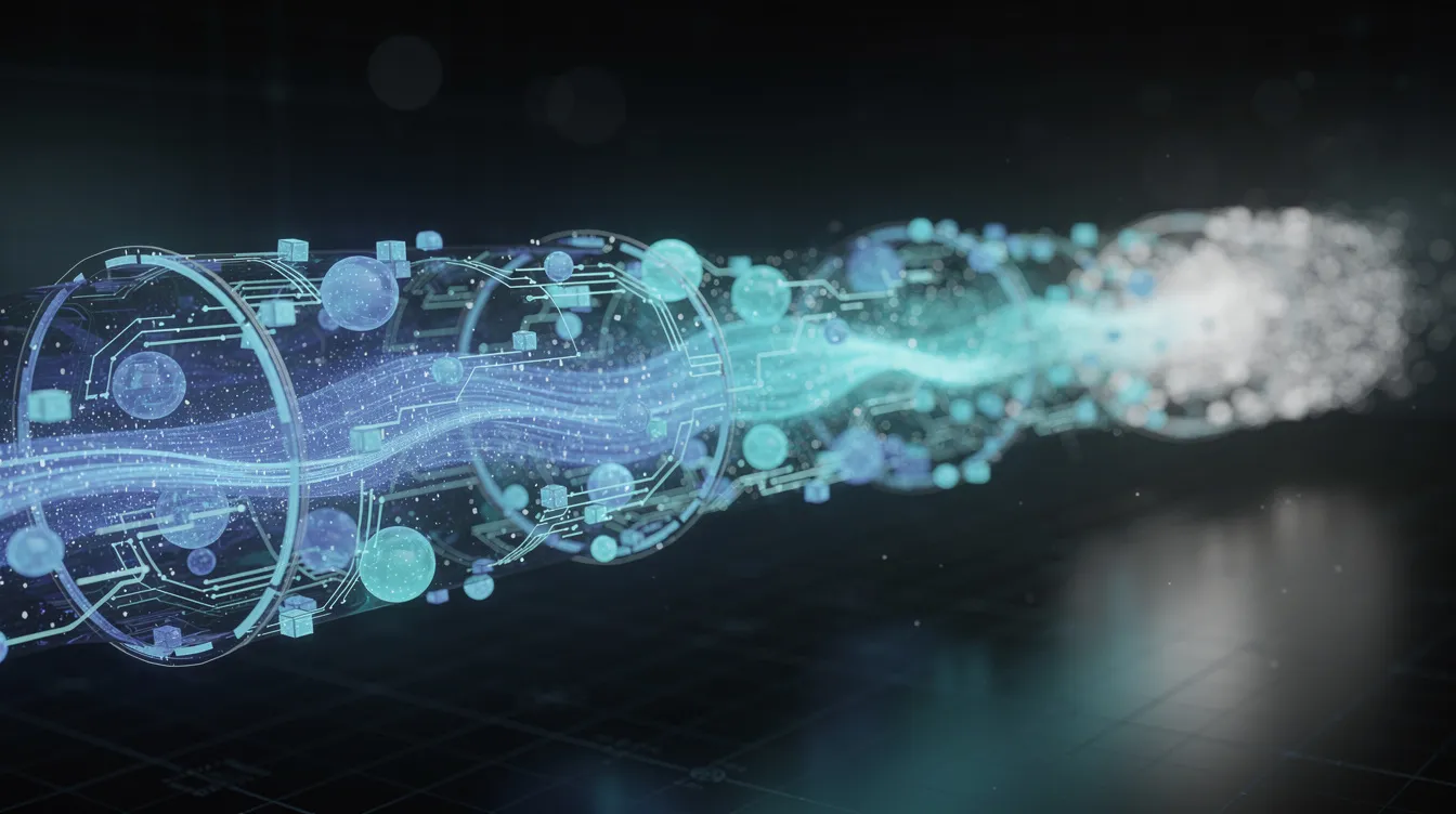 The image depicts an abstract visualization of interconnected data nodes flowing through a pipeline, symbolizing the retrieval process in retrieval augmented generation (RAG) systems. It illustrates how user queries interact with a vector database to retrieve relevant chunks of information, highlighting the role of language models in generating accurate responses from structured and unstructured data.