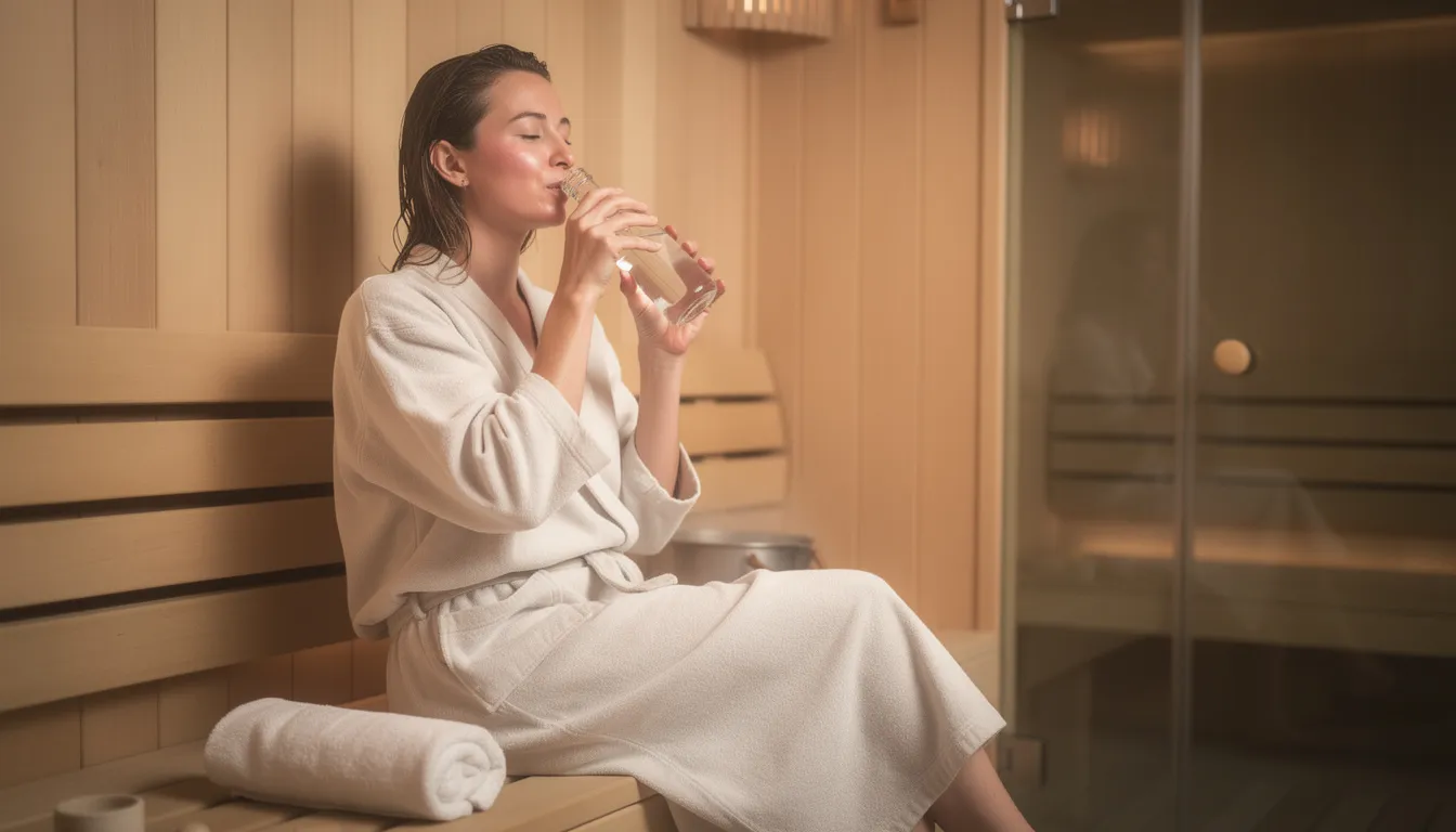 A person dressed in comfortable clothing is sitting relaxed and enjoying a glass of water after their infrared sauna session, highlighting the importance of staying hydrated post-heat therapy. This scene captures the essence of a wellness journey, emphasizing the therapeutic benefits of infrared sauna therapy for relaxation and recovery.