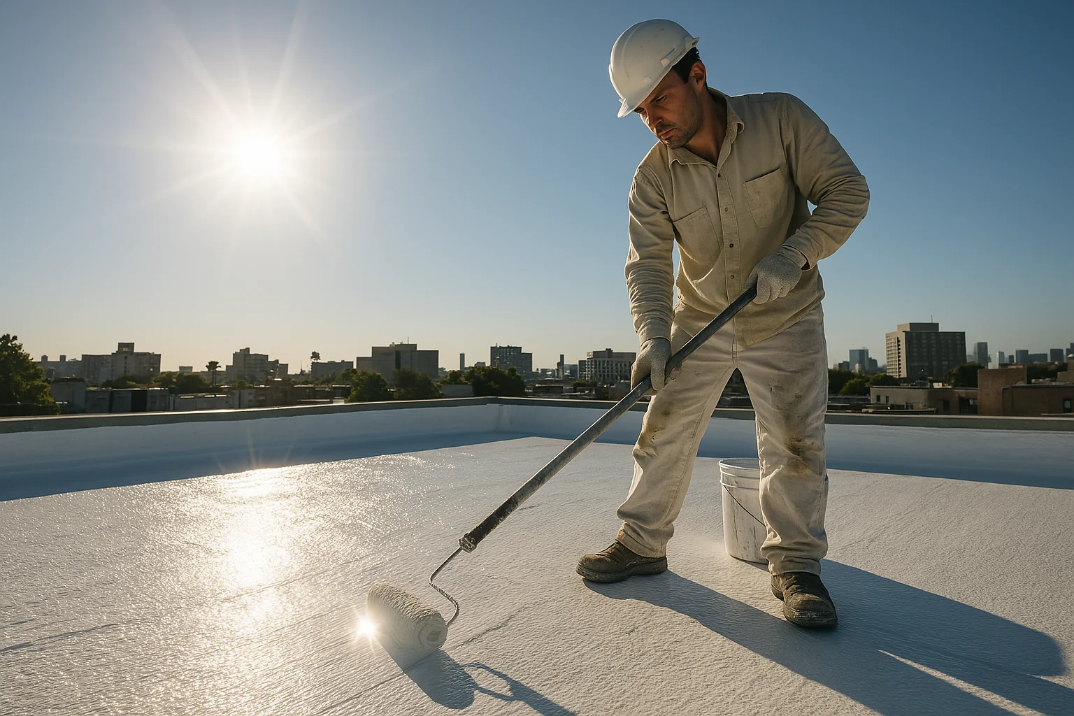 Worker applying a reflective white coating to a flat roof under direct sunlight to prevent UV damage.