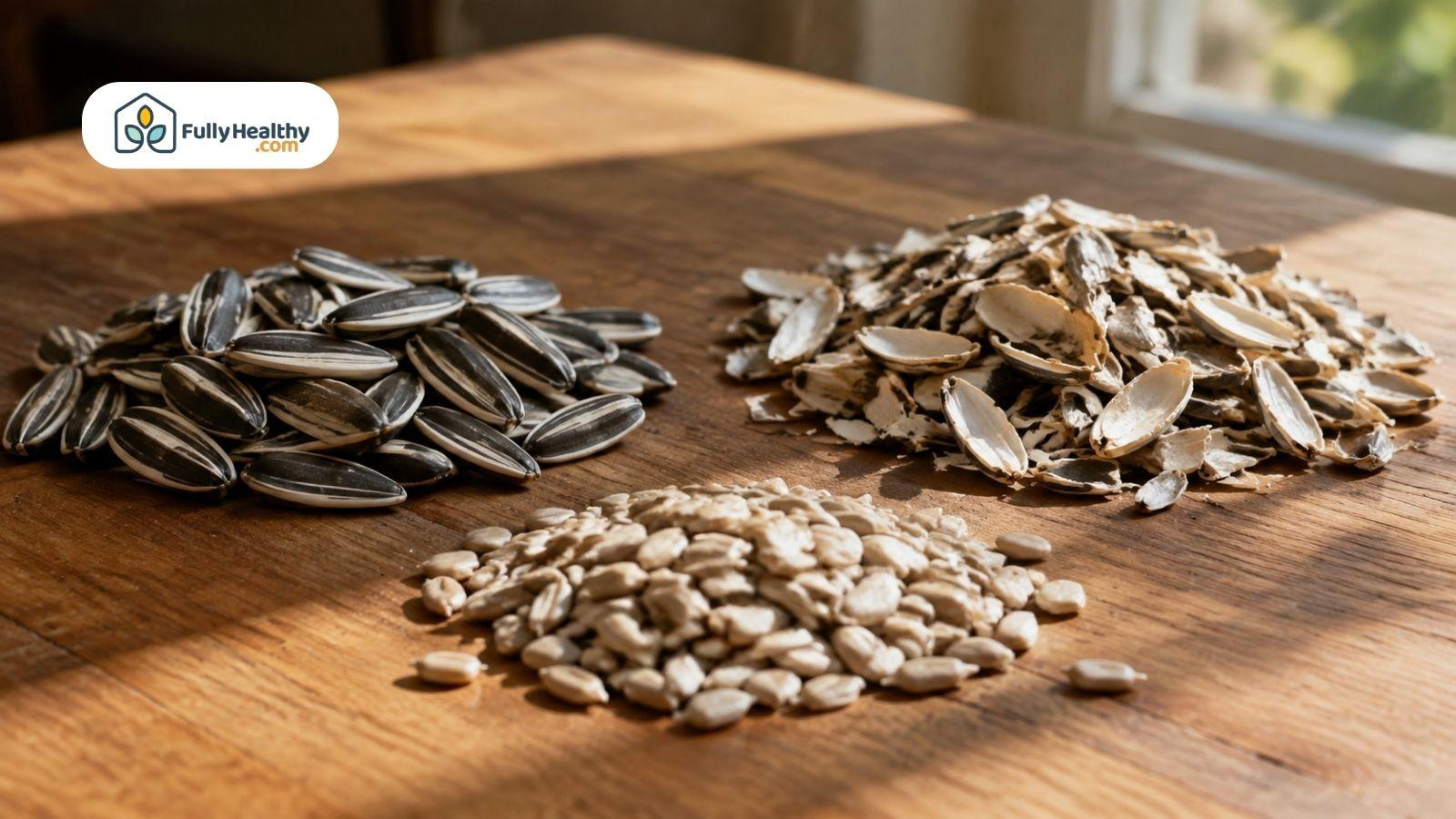 Whole sunflower seeds, discarded shells, and kernels arranged in separate piles.