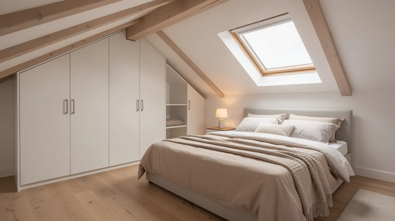 De afbeelding toont een sfeervolle slaapkamer op zolder met een ingebouwde kledingkast onder een schuin plafond. De opgeruimde kledingkast is logisch ingedeeld met stapels kleding, hangers voor jurken en blouses, en voldoende opbergruimte voor accessoires en schoenen.