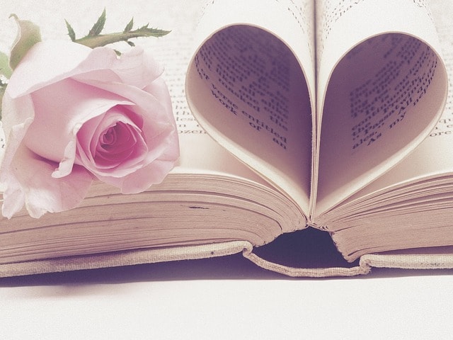 A book with its pages folded into a heart, with a pink rose on the page, representing love in literature.