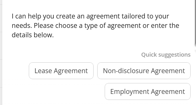 pdfFiller's AI document assistant interface suggesting agreement types such as lease agreement, non-disclosure agreement, and employment agreement.