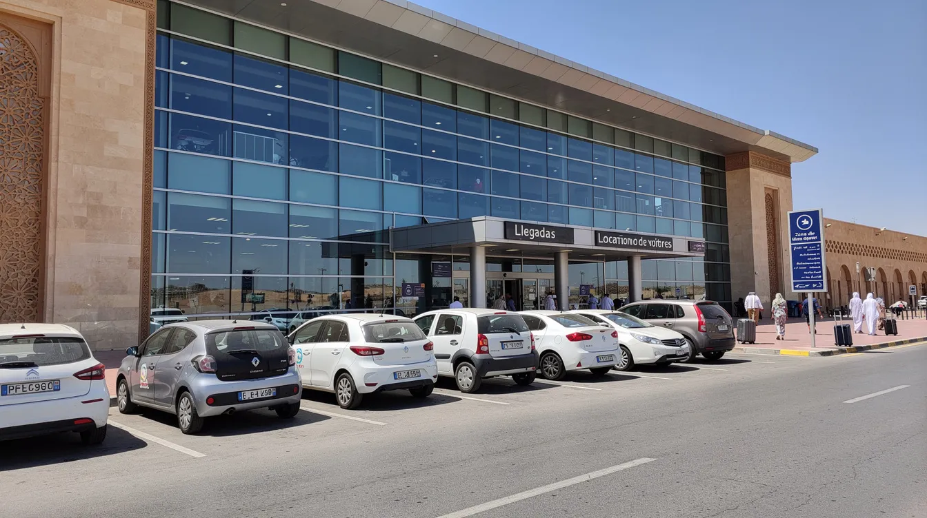 La imagen muestra la zona de llegadas de un aeropuerto marroquí, donde varios coches están aparcados esperando a los viajeros en la zona de alquiler. Se pueden ver carteles que indican los servicios de transporte y las áreas de recogida de pasajeros.