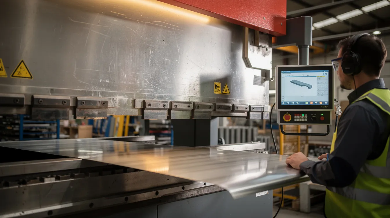 An industrial CNC press brake machine is bending a sheet of stainless steel, with an operator closely monitoring the bending process to ensure precision in the sheet metal fabrication. The scene highlights the importance of tight tolerances and correct bend radius in achieving a successful sheet metal design.