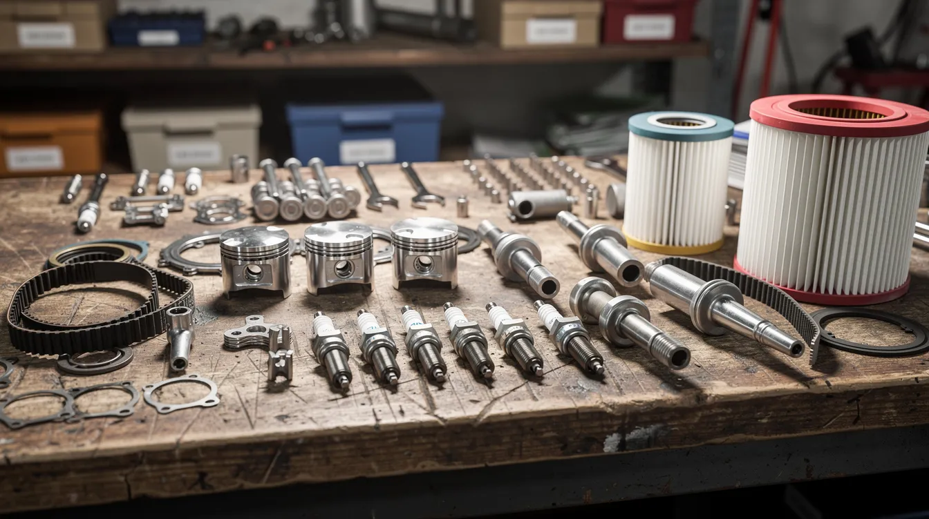 The image shows various engine parts and filters, including a fuel filter, air filter, and oil filter, neatly arranged on a workbench, ready for installation in a Kubota diesel engine. This setup highlights components designed to optimize performance and achieve cleaner emissions in the Kubota Super Mini Series.