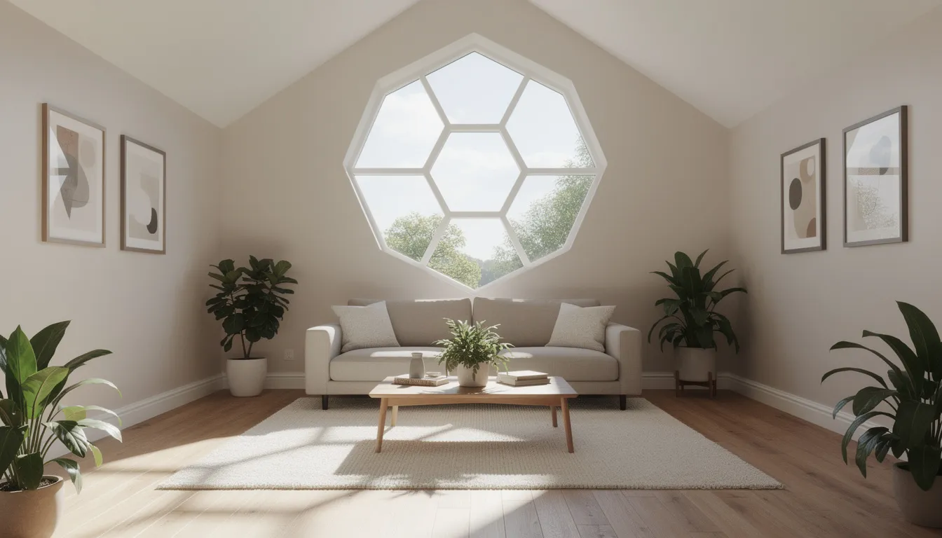 A bright residential living room features a stunning hexagon window in the gable wall, allowing natural light to stream through and create a warm atmosphere. The unique shape of the window serves as a focal point, enhancing the room's decor while providing energy efficiency and UV protection.