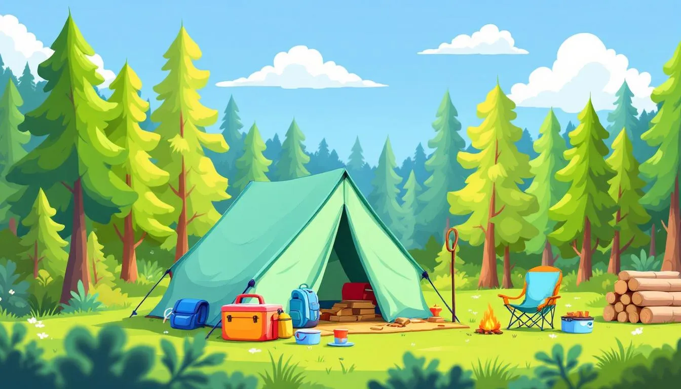 Organizing a campsite with camping essentials for a family camping trip.