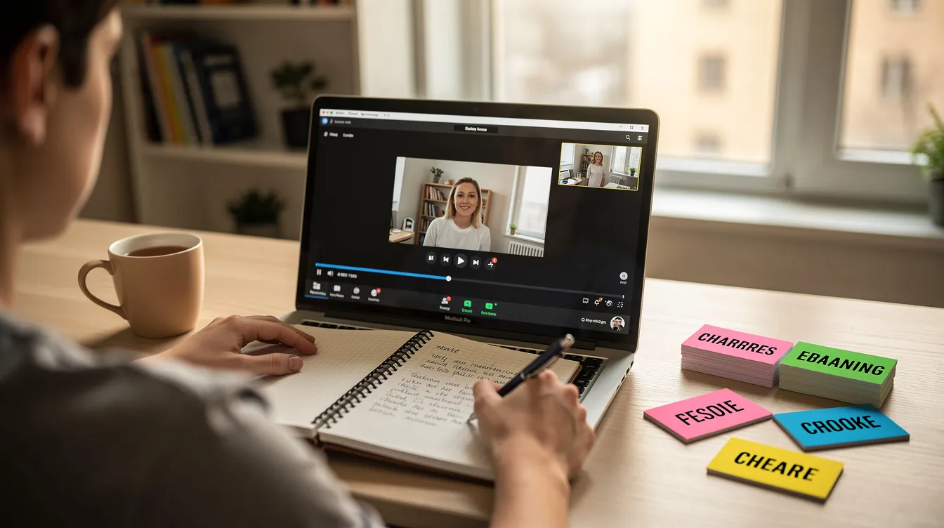A student is focused on watching online study videos, with a notebook and flashcards nearby to help them practice for their upcoming exam. The setup suggests they are engaged in a course that provides valuable questions and resources for effective studying.