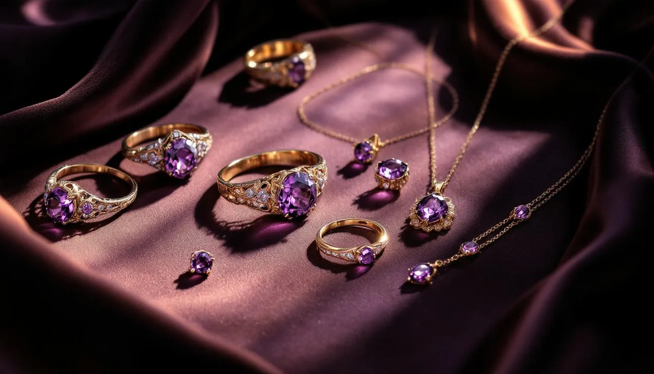 Various types of amethyst birthstone jewellery including rings, necklaces, and earrings.