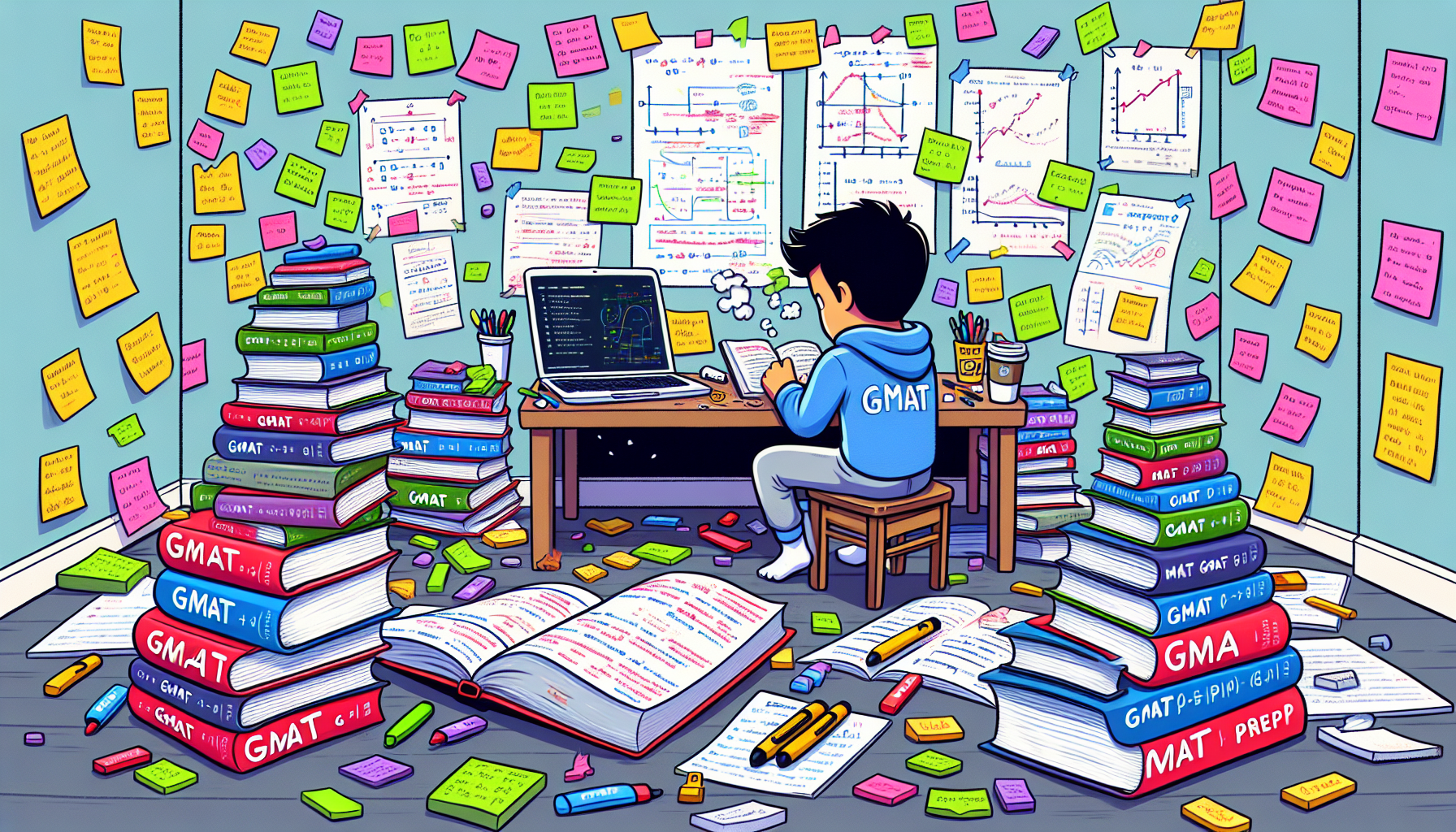 Cartoon of a person studying with GMAT books