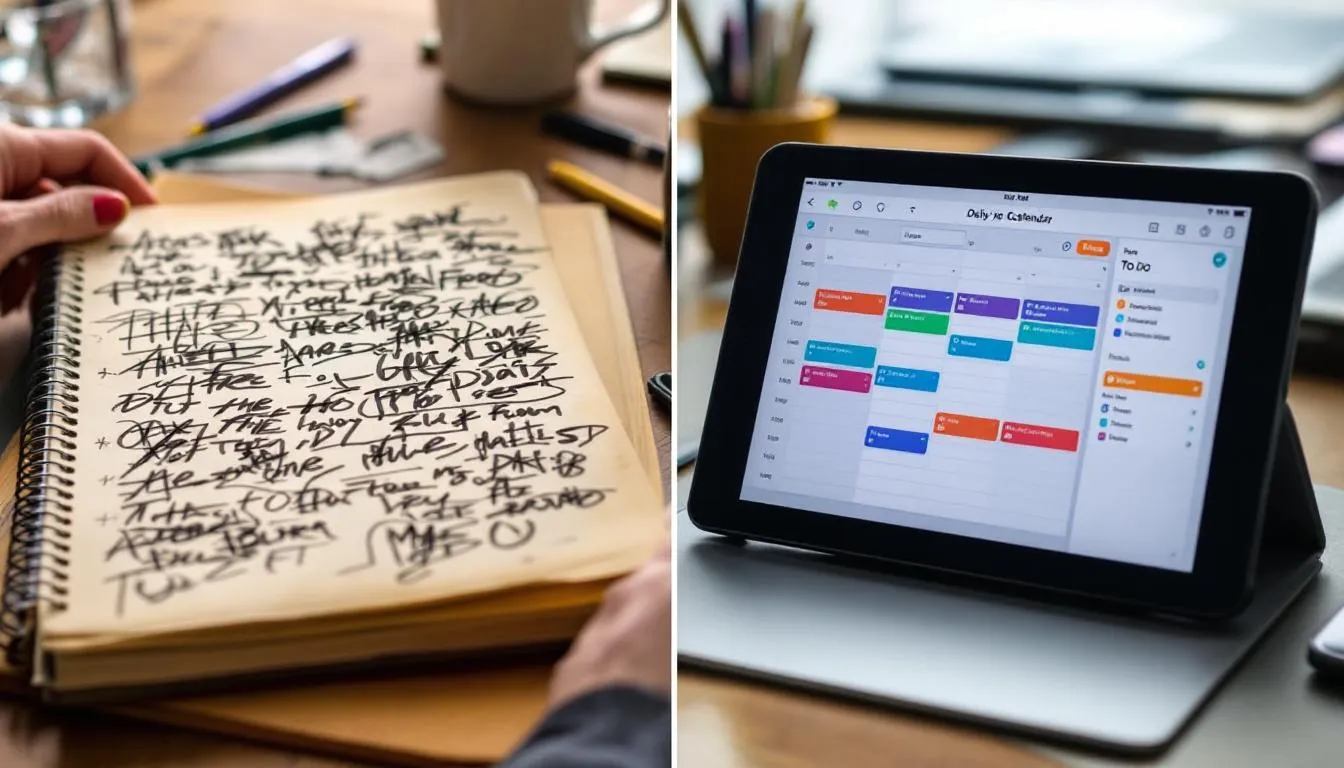 La imagen muestra una comparación entre una agenda tradicional en papel, llena de tachaduras y correcciones, y una pantalla digital organizada que exhibe claramente las citas del día, resaltando la eficiencia del software de gestión para salones de belleza en la administración de citas y el control de información.