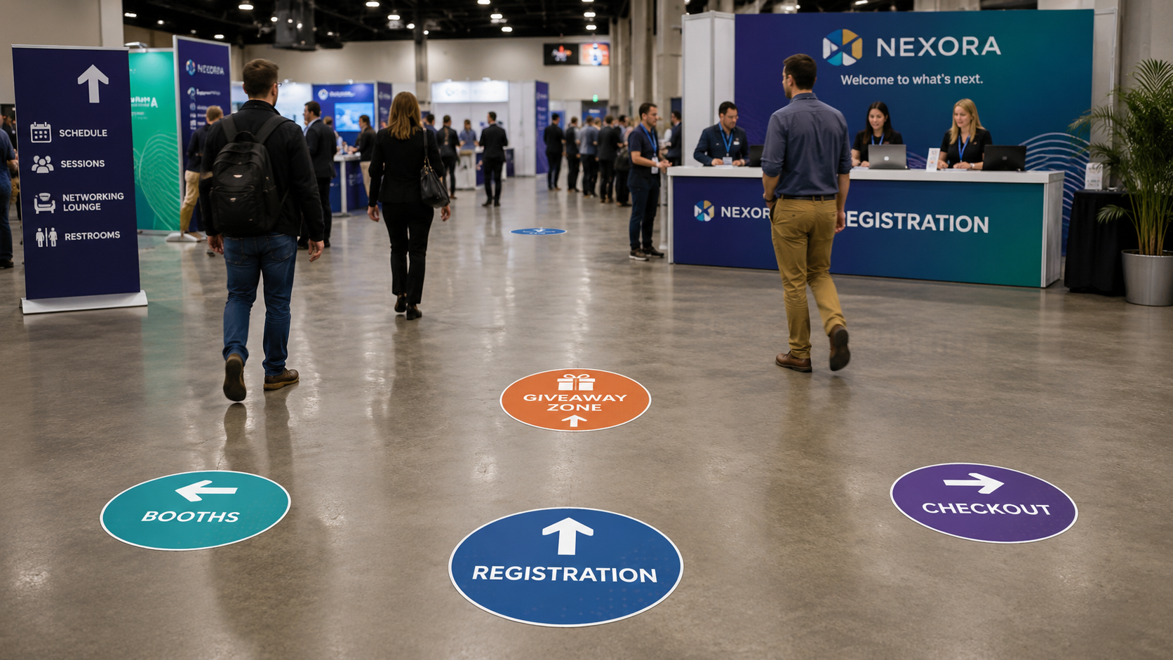 Custom floor decals for trade show wayfinding and event registration