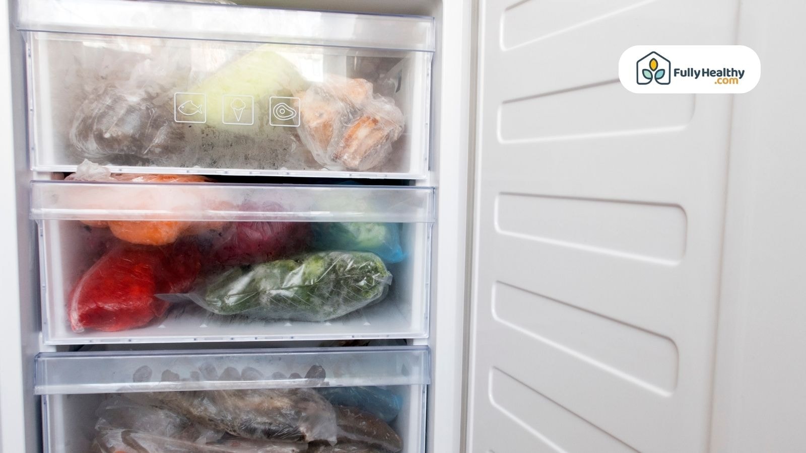 Frozen vegetables stored in clear freezer drawers