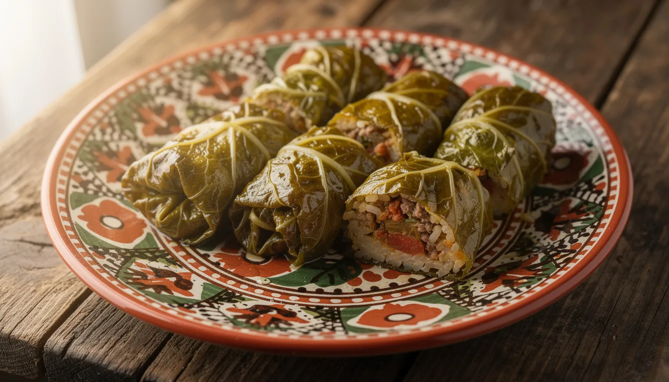 Un plato de cerámica decorado al estilo búlgaro presenta sarmi tradicionales, que son hojas de parra rellenas de carne picada y arroz, acompañadas de hierbas y especias. Este delicioso bocado es un tesoro de la cocina búlgara, ideal para disfrutar en un viaje gastronómico por Bulgaria.