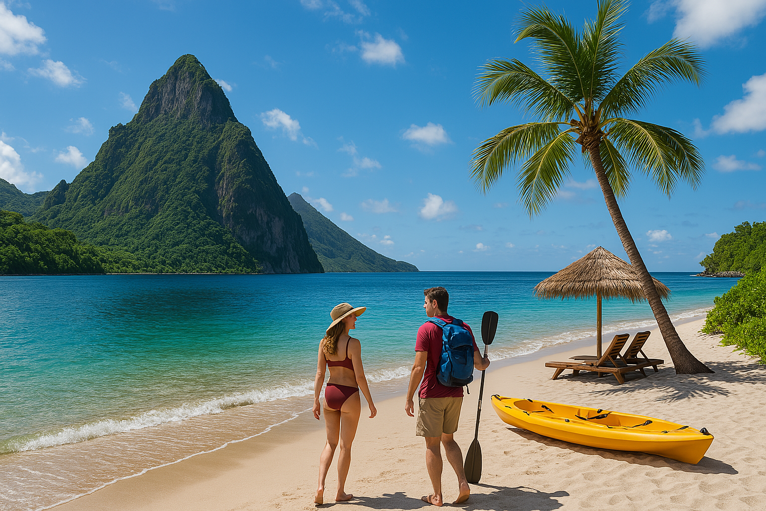 An adventurous beach scene in St. Lucia, combining adventure and relaxation for honeymooners.