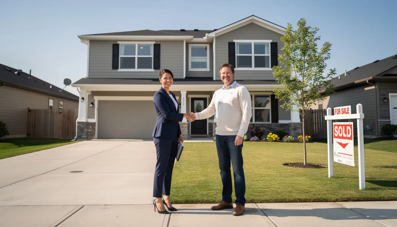 The image depicts two people shaking hands in front of a residential home, symbolizing a successful agreement between cash home buyers and a property seller. This interaction highlights a hassle-free home sale process, often preferred by those looking to sell their house quickly without hidden fees or costly repairs.