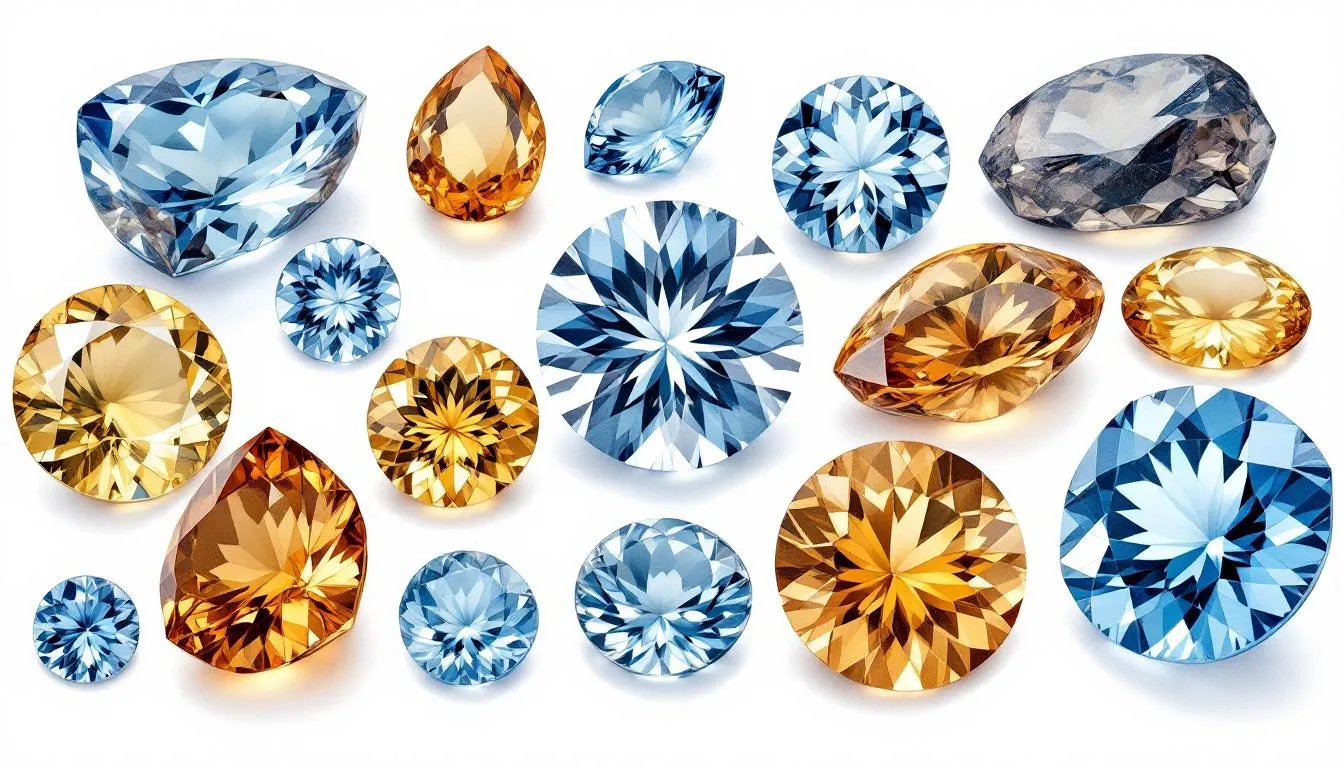 A variety of topaz gemstones in different colors, including blue and imperial topaz.