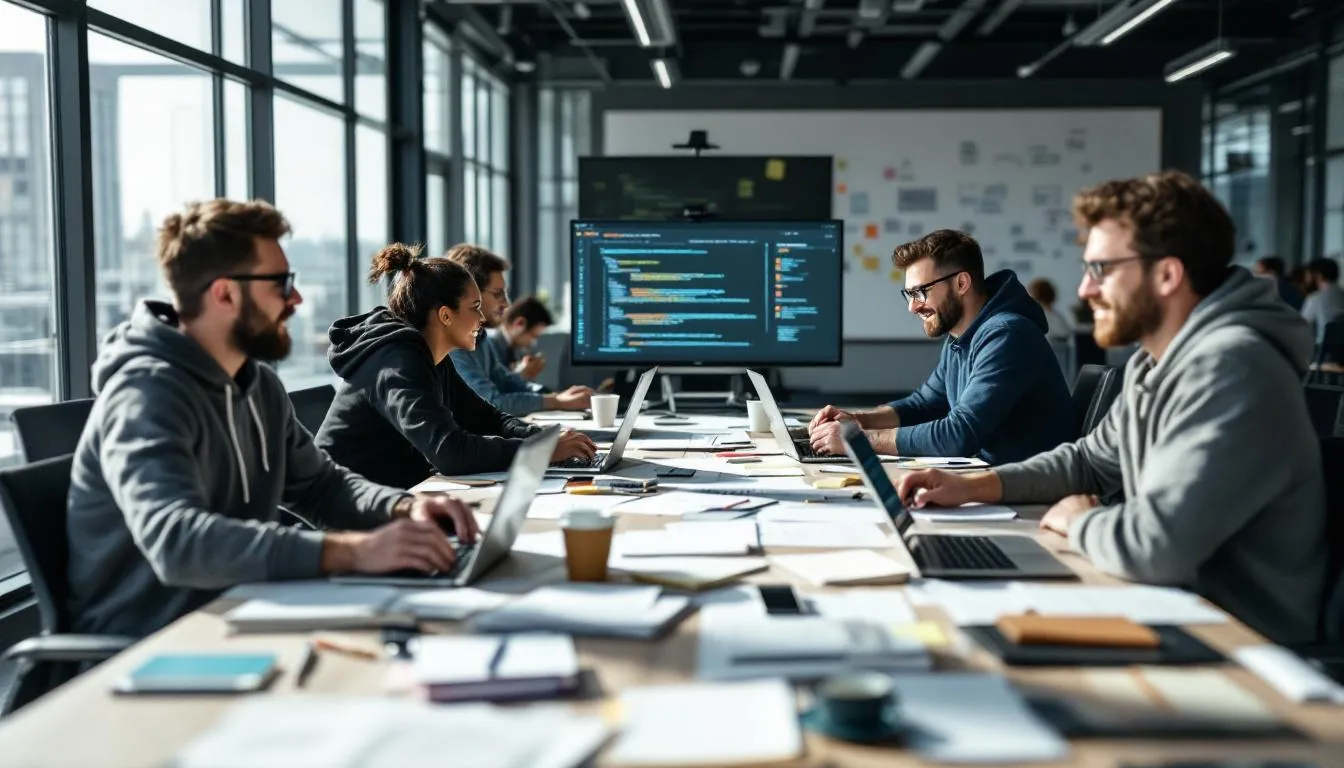 Een team van ontwikkelaars werkt samen aan het ontwerp van een mobiele app, waarbij ze verschillende functionaliteiten en ontwerpen bespreken om de beste gebruikerservaring te creëren. Deze hybride app zal beschikbaar zijn in de Google Play Store en de App Store voor smartphones en tablets.