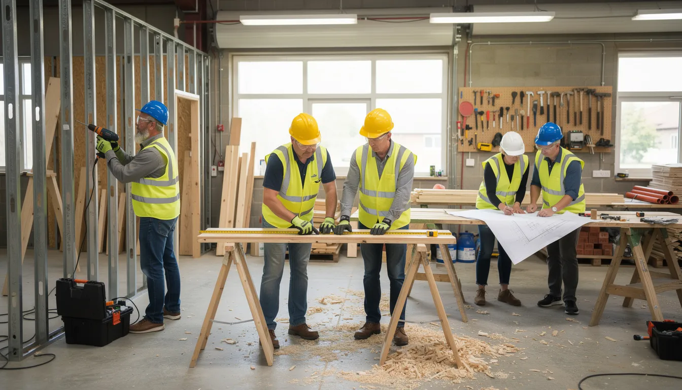 A group of construction students actively engage in a hands-on training workshop, utilizing various tools and materials to enhance their skills in the construction industry. This practical experience is essential for their professional development and prepares them for rewarding careers in construction management and project management.