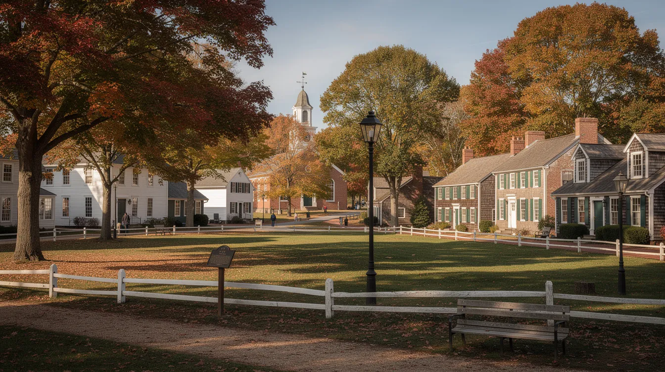 The image depicts a picturesque historic New England town green, surrounded by charming colonial buildings and mature trees, capturing the essence of waterfront living along the Connecticut shoreline. This serene setting showcases the natural beauty and maritime history of the region, inviting visitors to explore its unique blend of historic homes and tranquil outdoor spaces.