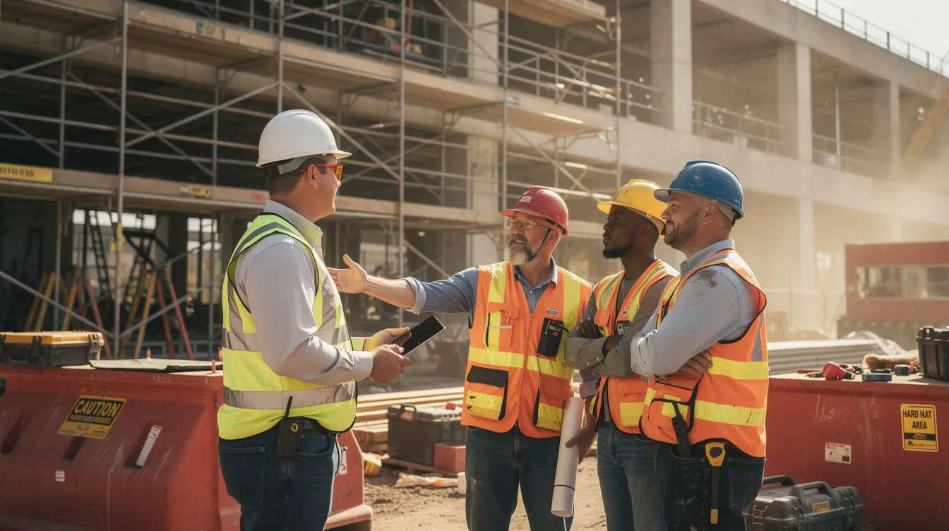 A construction superintendent is engaged in a direct conversation with crew members near scaffolding on an active jobsite, emphasizing the importance of personal protective equipment and strong safety culture. This interaction highlights the commitment to safety training and effective communication within the construction industry to ensure a safer work environment.